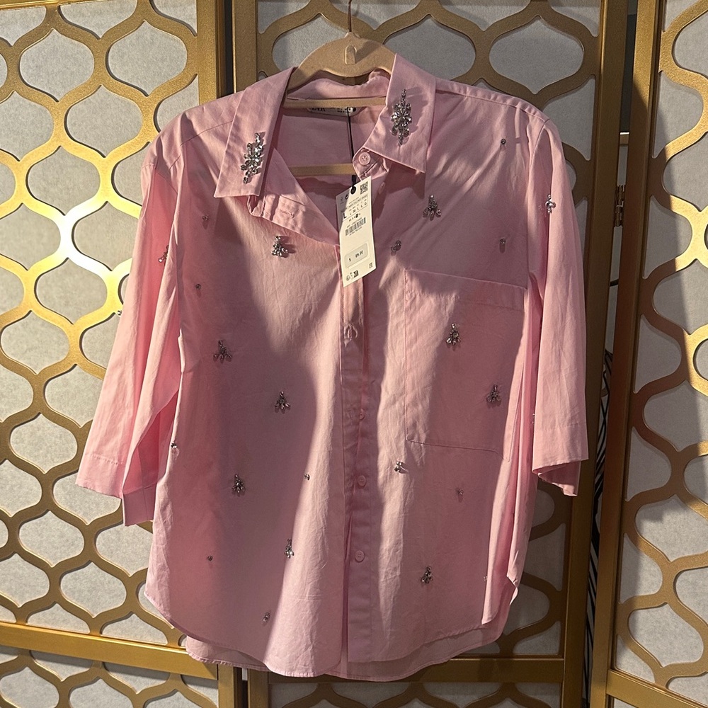 Zara Embellished Pink Button-Up Shirt, large